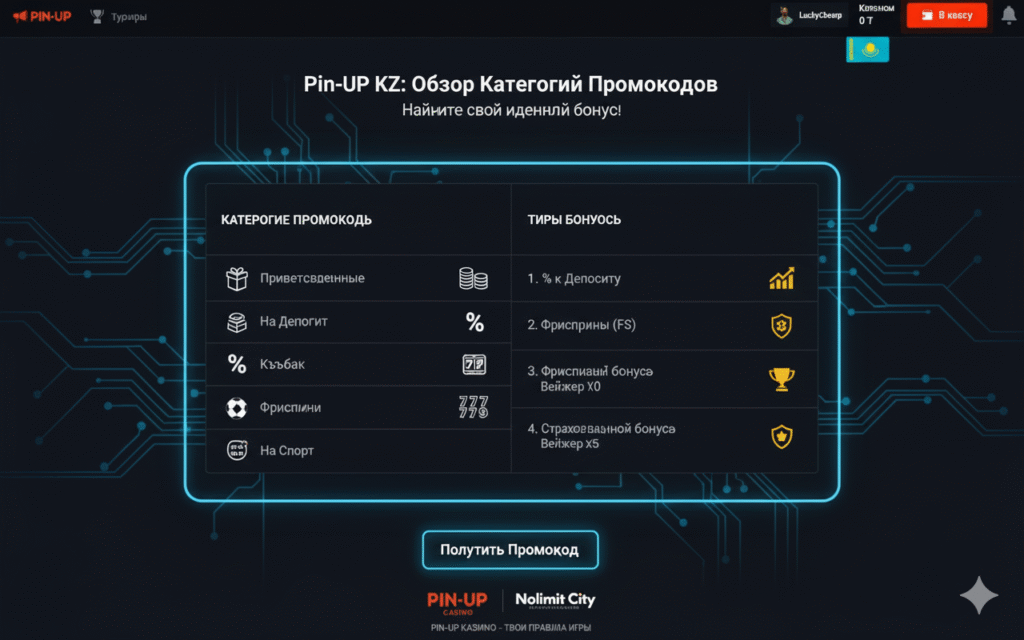 Обзор категорий промокодов Pin-Up KZ с типами бонусов