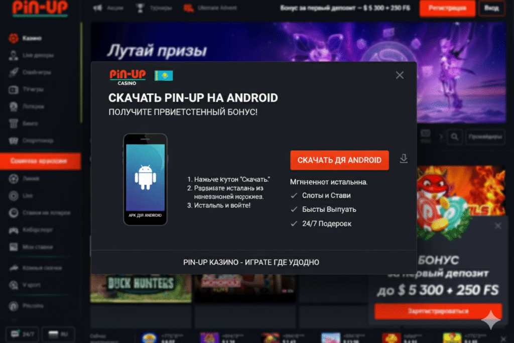 Интерфейс загрузки Pin-Up APK для Android в Казахстане