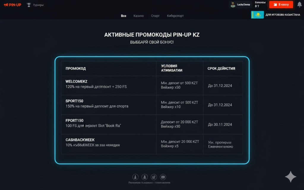 Таблица активных промокодов Pin-Up KZ с условиями и сроками действия