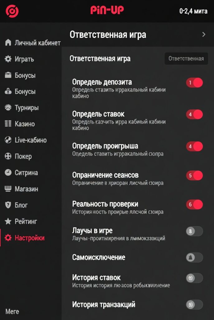Интерфейс настроек ответственной игры в личном кабинете Pin-Up