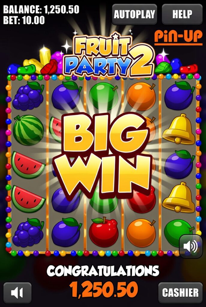 Скриншот крупного выигрыша в Fruit Party 2 в казино Pin-Up