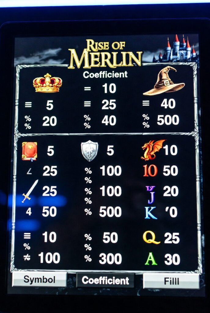 Таблица выплат слота Rise of Merlin с символами и коэффициентами