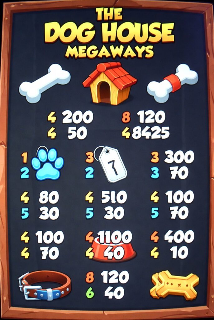 Таблица выплат The Dog House Megaways с изображением всех символов и их коэффициентов
