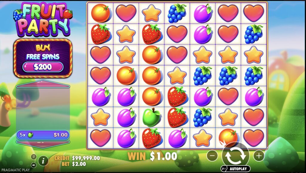 Каскадные выигрыши в слоте Fruit Party с кластерами фруктов