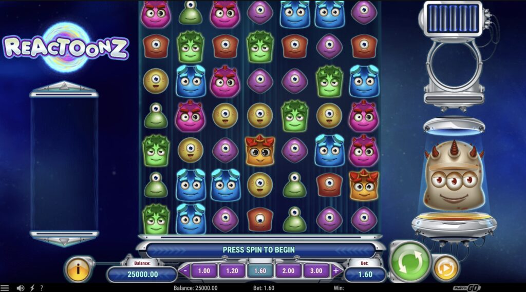 Игровой интерфейс слота Reactoonz с сеткой 7x7 и яркими символами инопланетян