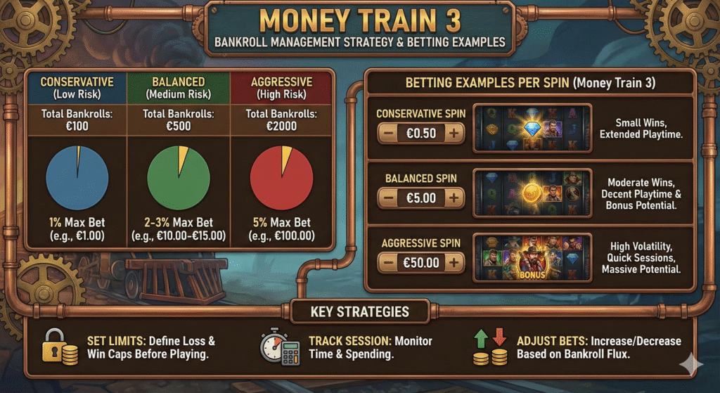 Инфографика управления банкроллом в слоте Money Train 3 с примерами ставок